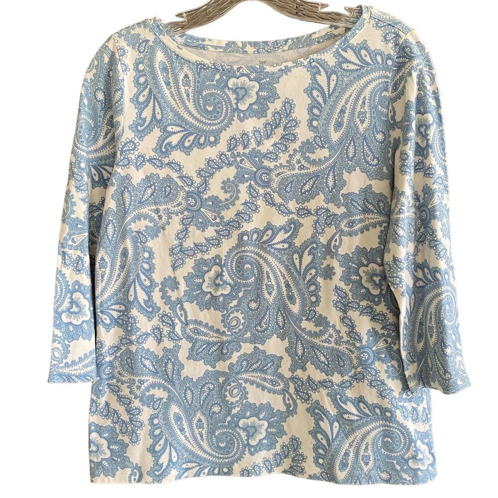 TALBOTS M Blue Paisley Print 3/4 Sleeve Top T-Shirt Cotton Spandex Pullover